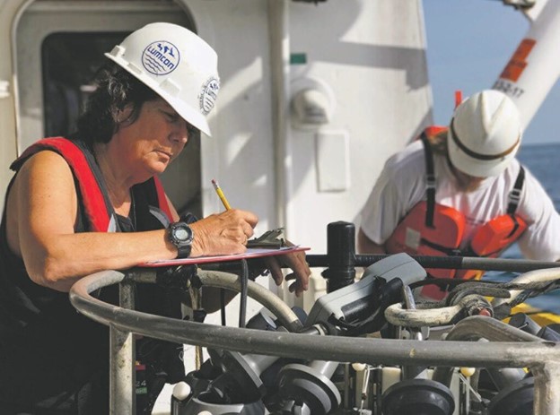 Nancy Rabalais records data during a cruise aboard the R/V Pelican