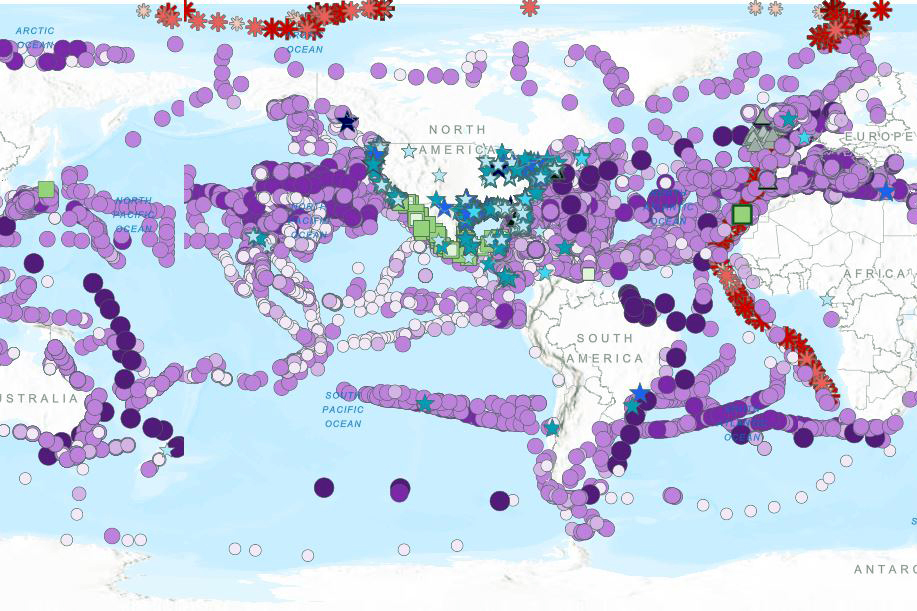 A visualization that displays clusters representing marine microplastics concentration classifications around the world