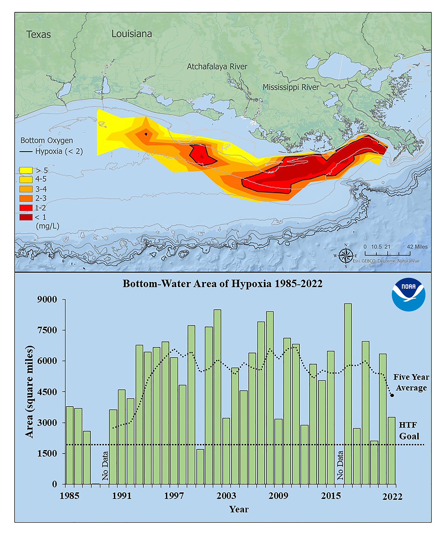 Map of measured Gulf hypoxia zone and Long-term measured size of the hypoxic zone